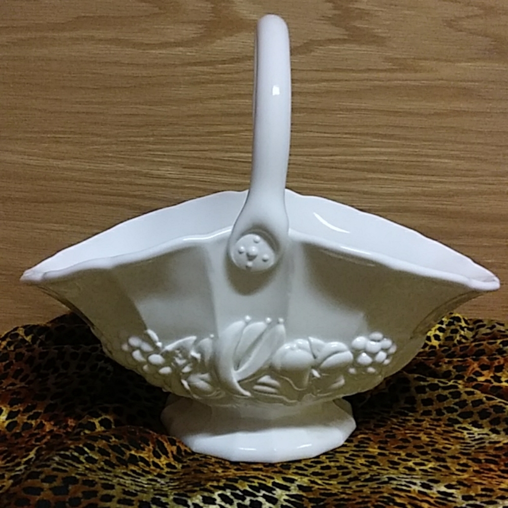 Milk Glass fruit basket 12in long 10.5 in tall